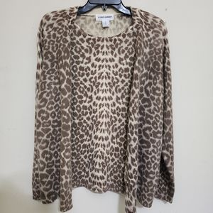 ALFRED DUNNER Button Leopard Print Wool‎ Blend vtg Sweater, sz XL, Brown/Cream